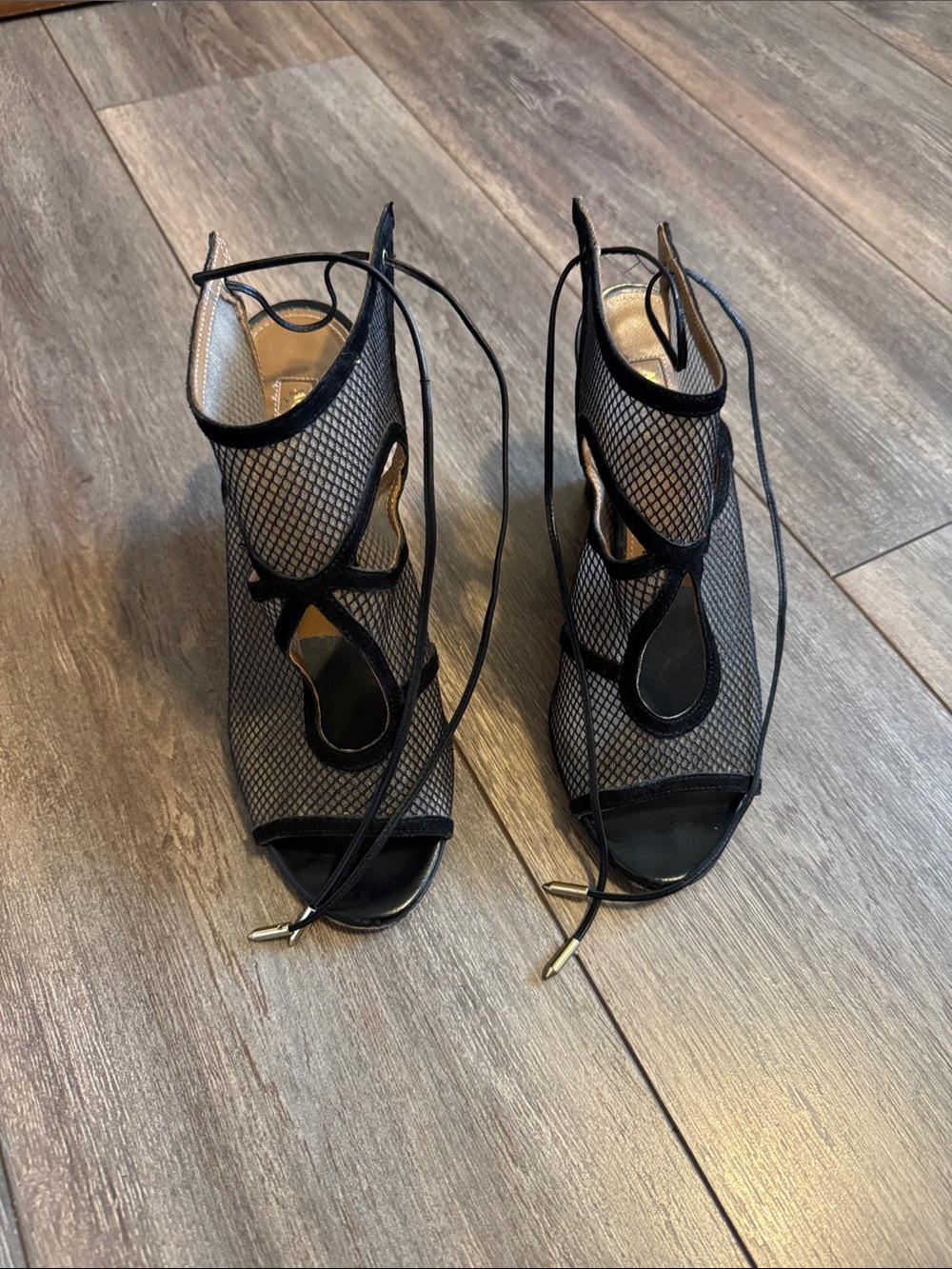 Aquazzura Black Mesh Lace-Up Peep Toe Heels